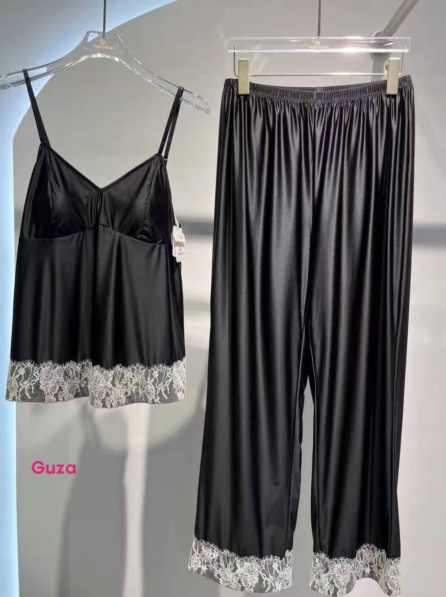 Пижамный комплект: топ на бретелях и брюки с кружевной отделкой, Jelly Silk, бежевый - фото 3