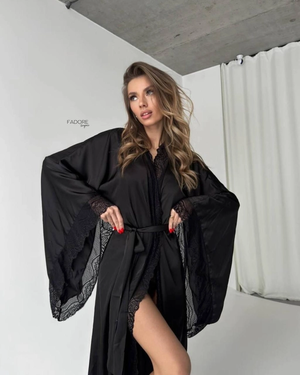 Халат женский FADORE Lingerie чёрный, длинный, с кружевом и широкими рукавами — фото 2