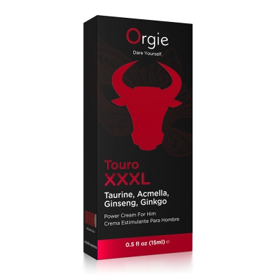 Крем для мужчин Orgies Touro XXXL, черный флакон с красным быком, с Таурином, Акмеллой, Женьшенем и Гинкго