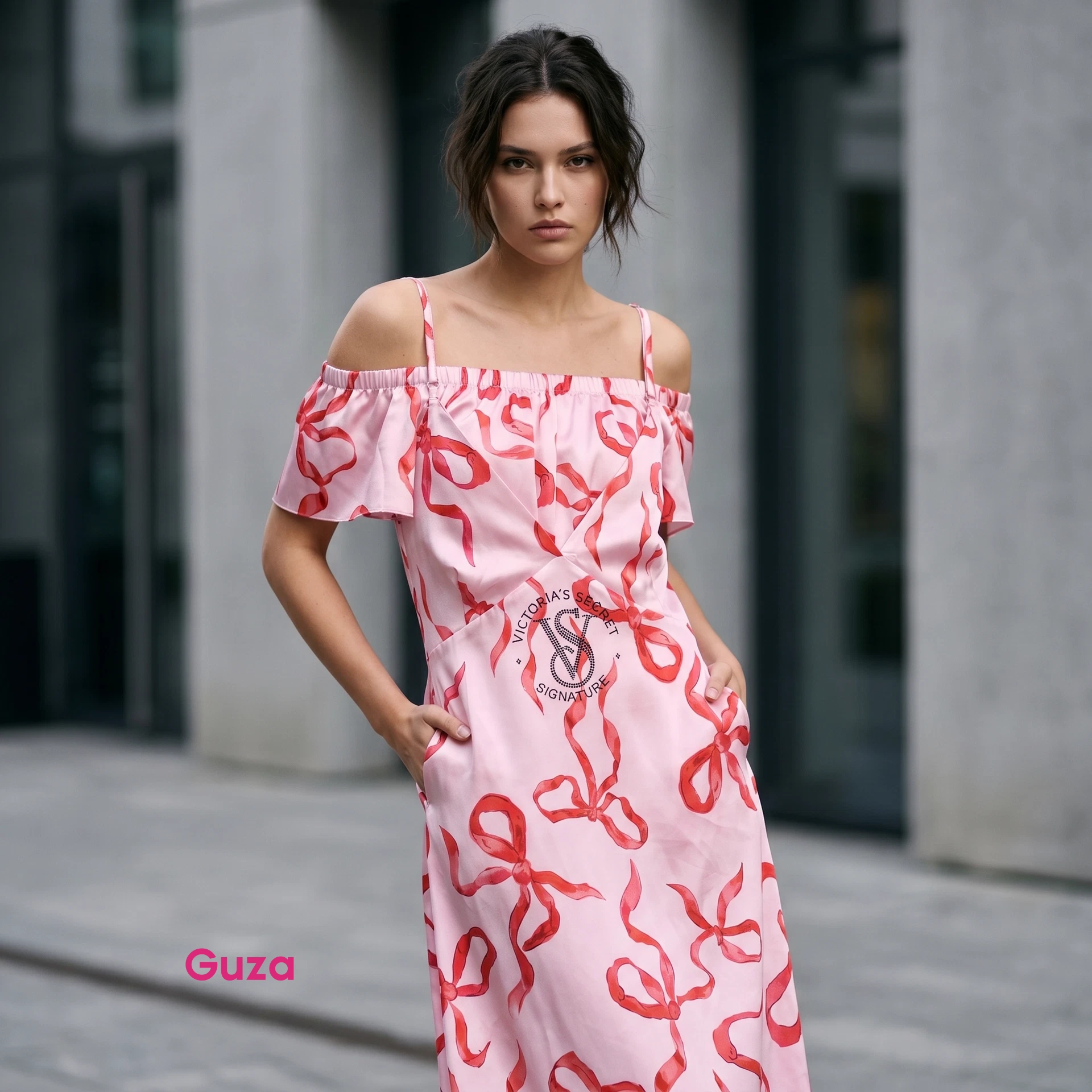 Платье-халат Victoria's Secret Signature миди, розовый с бантами, с открытыми плечами и карманами — фото 1