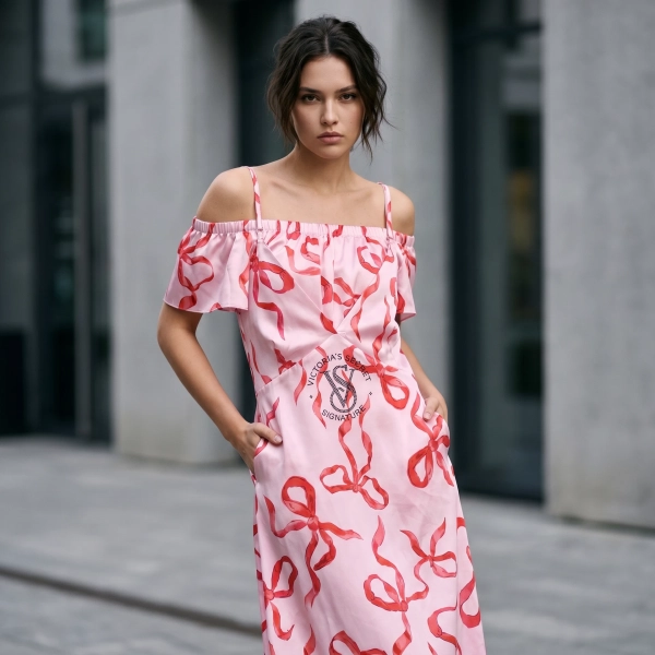 Платье-халат Victoria's Secret Signature миди, розовый с бантами, с открытыми плечами и карманами