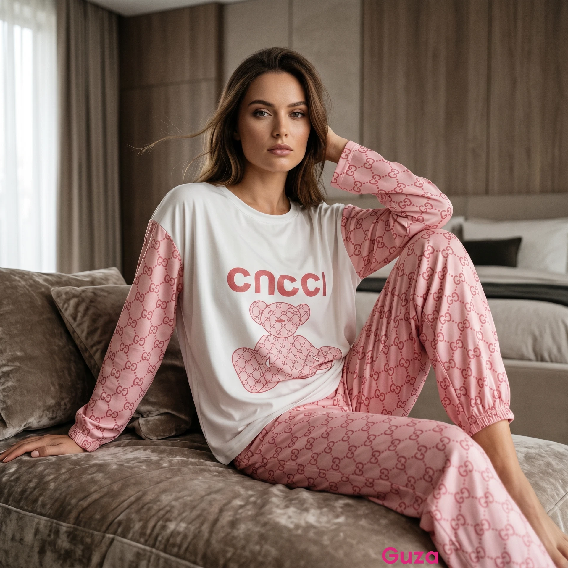 Домашний комплект Gucci из футболки, лонгслива и брюк с логотипным принтом и мишкой. — фото 2