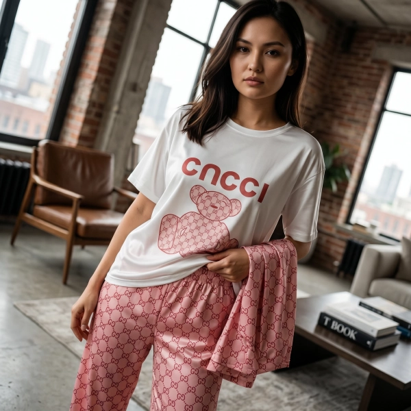 Домашний комплект Gucci из футболки, лонгслива и брюк с логотипным принтом и мишкой. — фото 3