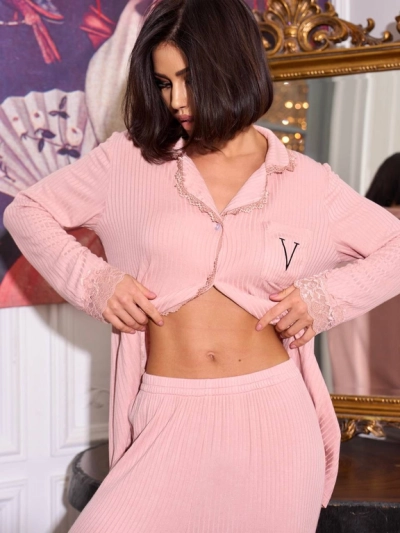 Пижамный комплект Victoria's Secret в рубчик с кружевной отделкой, розовый — фото 3