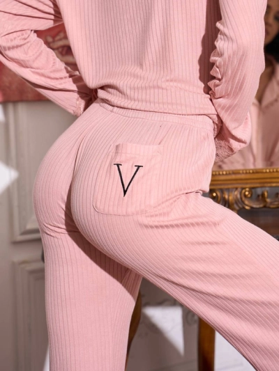Пижамный комплект Victoria's Secret в рубчик с кружевной отделкой, розовый — фото 4
