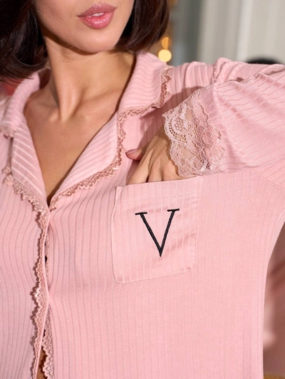 Пижамный комплект Victoria's Secret в рубчик с кружевной отделкой, розовый — фото 5