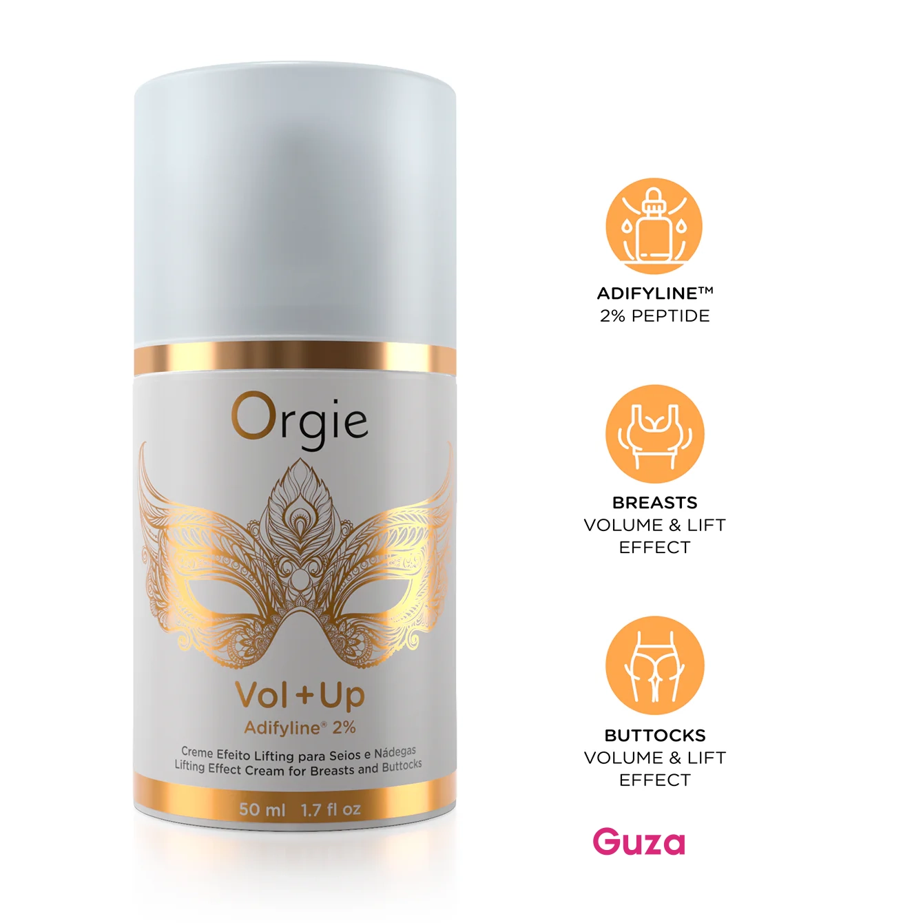 Крем Orgie Vol+Up для груди и ягодиц, белый флакон с золотым дизайном и пептидом Adifyline™ 2% — фото 2