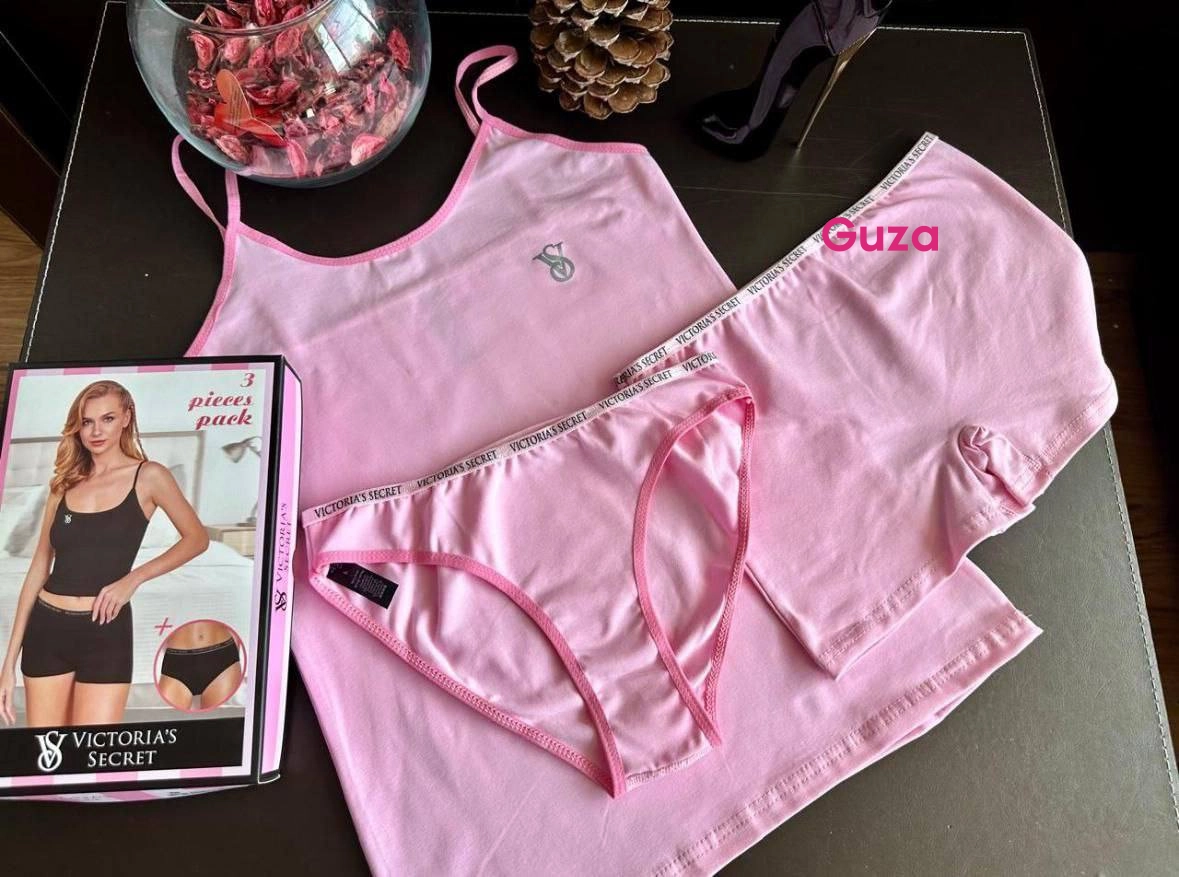Комплект Victoria's Secret для дома из майки на тонких бретелях, трусиков-слипов и шорт, розовый - фото 1
