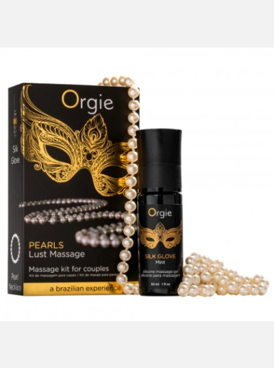 Массажный набор Orgies Pearls с жемчужным ожерельем и силиконовым гелем Silk Glove Mint, 30 мл