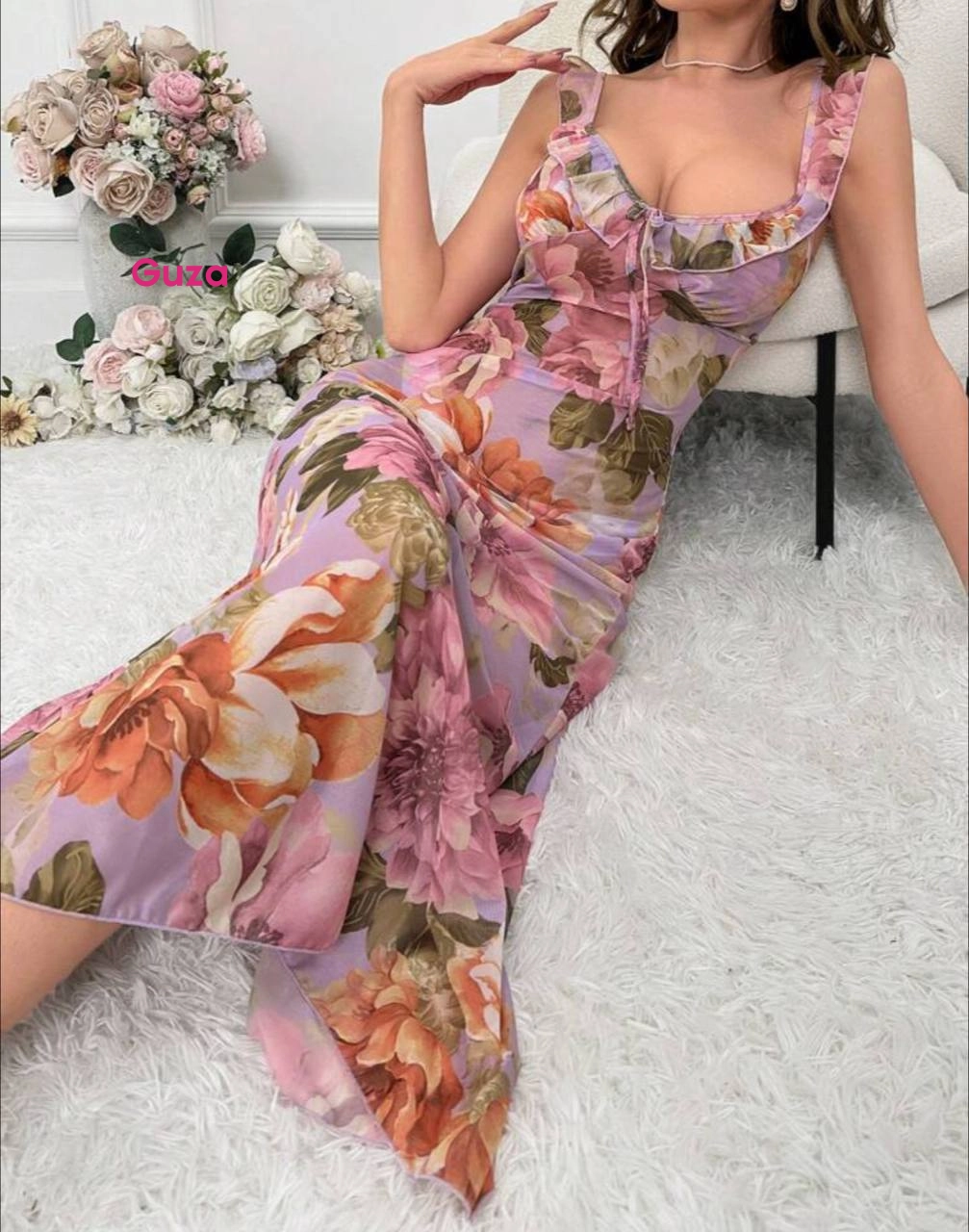 Длинный пеньюар с цветочным принтом, рюшами и завязкой на груди - фото 1