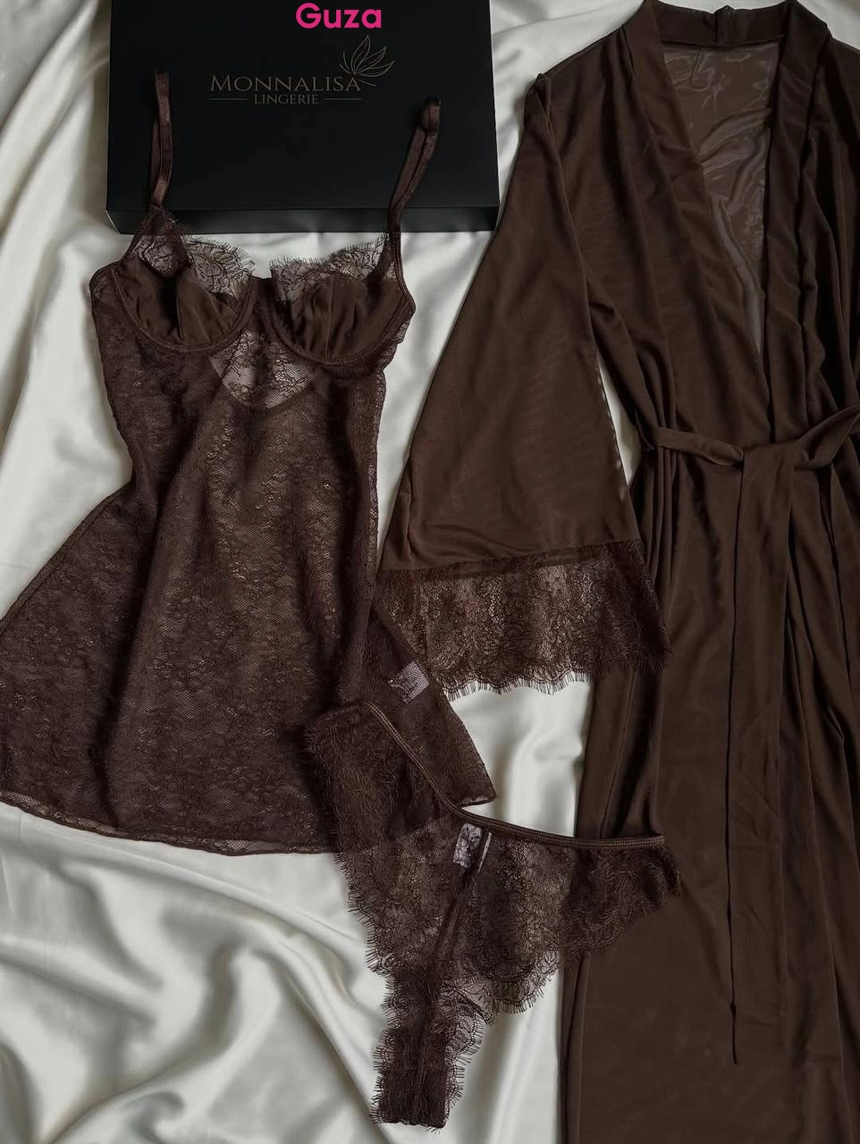 Коричневый комплект MONNALISA LINGERIE: пеньюар, халат макси и кружевные трусики — фото 3