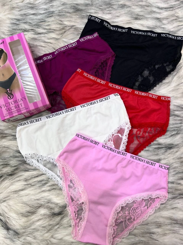 Набор трусиков Victoria's Secret, 5 шт. с кружевной отделкой и брендированной резинкой — фото 2