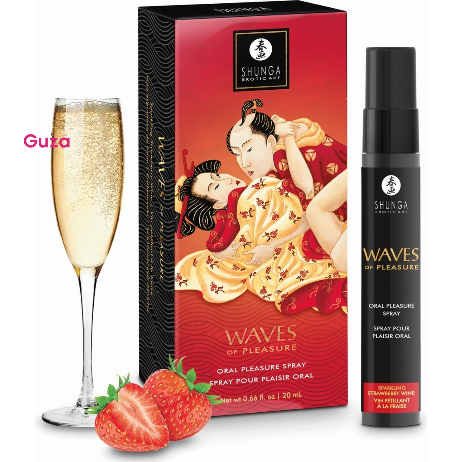 Спрей для оральных ласк Shunga Waves of Pleasure, чёрный флакон, со вкусом игристого клубничного вина, 20 мл — фото 1