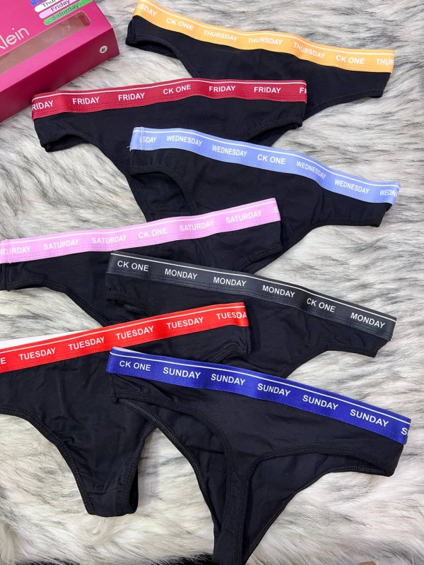 Набор трусиков-стрингов Calvin Klein CK ONE, 7 шт, чёрные с цветными резинками на каждый день — фото 2