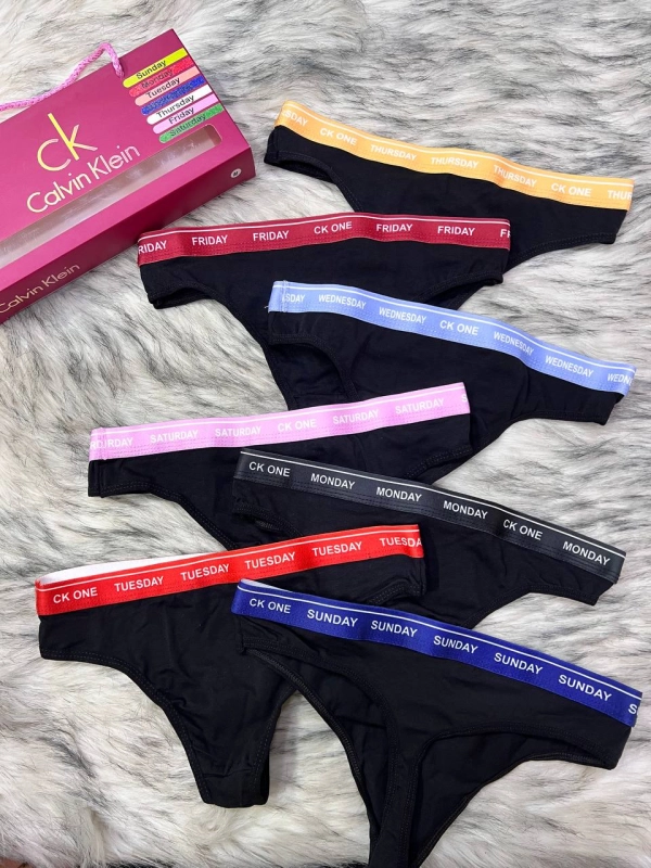 Набор трусиков-стрингов Calvin Klein CK ONE, 7 шт, чёрные с цветными резинками на каждый день
